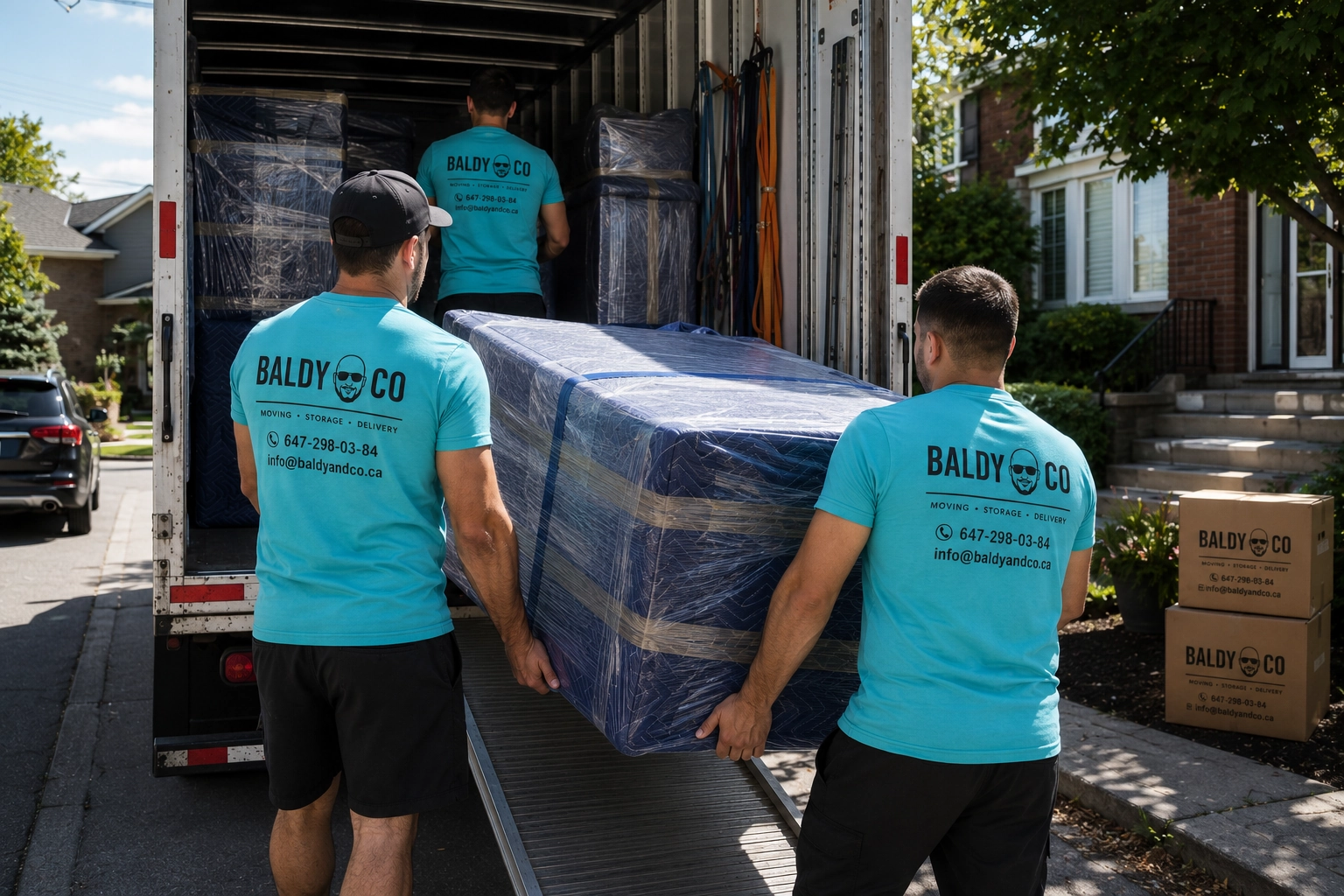 BALDY & CO movers carrying a wrapped mattress up the ramp into the moving truck